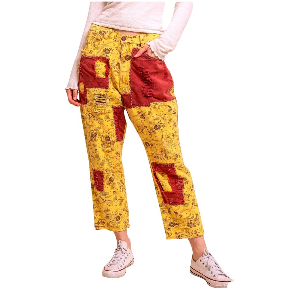 Blue Velvet Floral Patchwork Distressed Pants Mustard Red 9375BP Womens SM